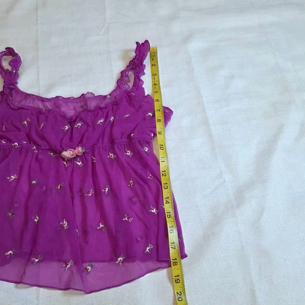 Victoria's Secret Sheer Fushia Purple Floral Lingerie Chemise Ruffle Size Medium
